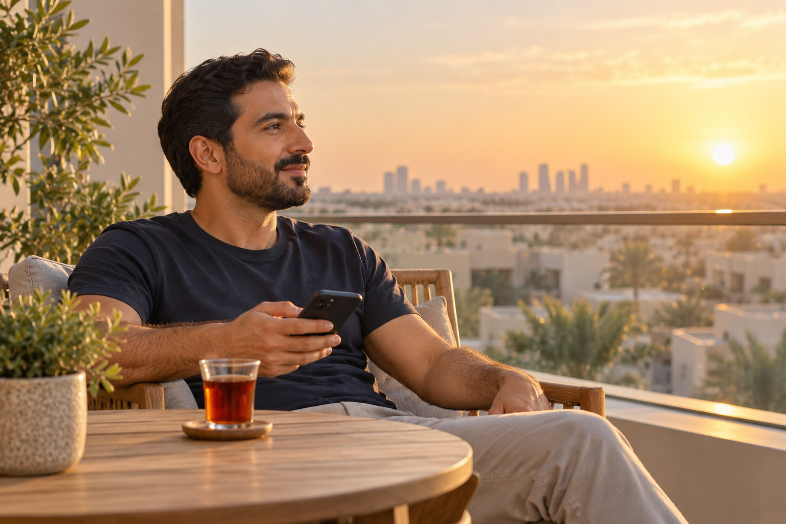 رجل يجلس على شرفة بيته عند الشروق ومعه كوب شاي، يمسك هاتفه وينظر بهدوء إلى الأفق.