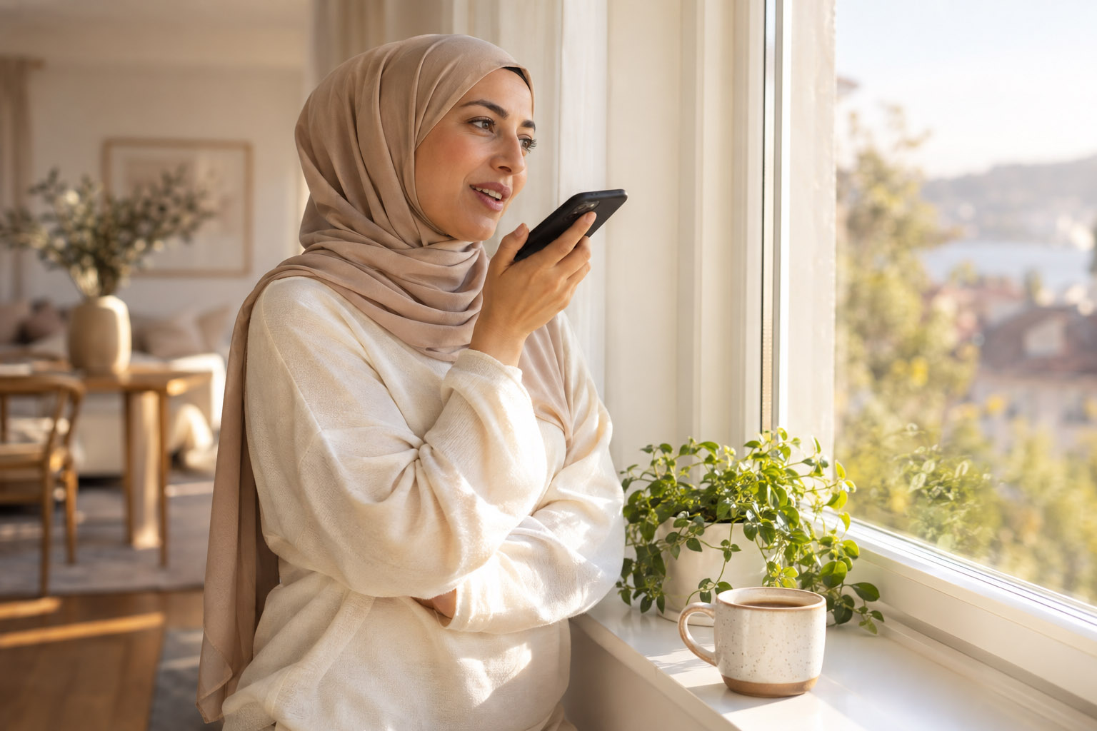 A woman in a beige hijab speaks into her phone by a bright window, a coffee cup on the sill beside her.