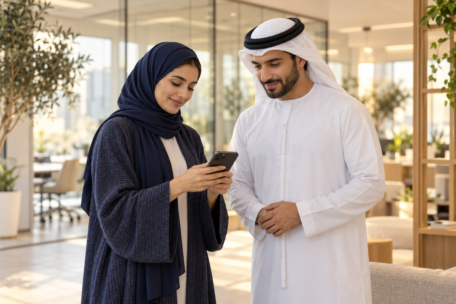 زميلان في مكتب مضيء، امرأة بحجاب كحلي ورجل بدشداشة بيضاء، ينظران معا إلى هاتف.