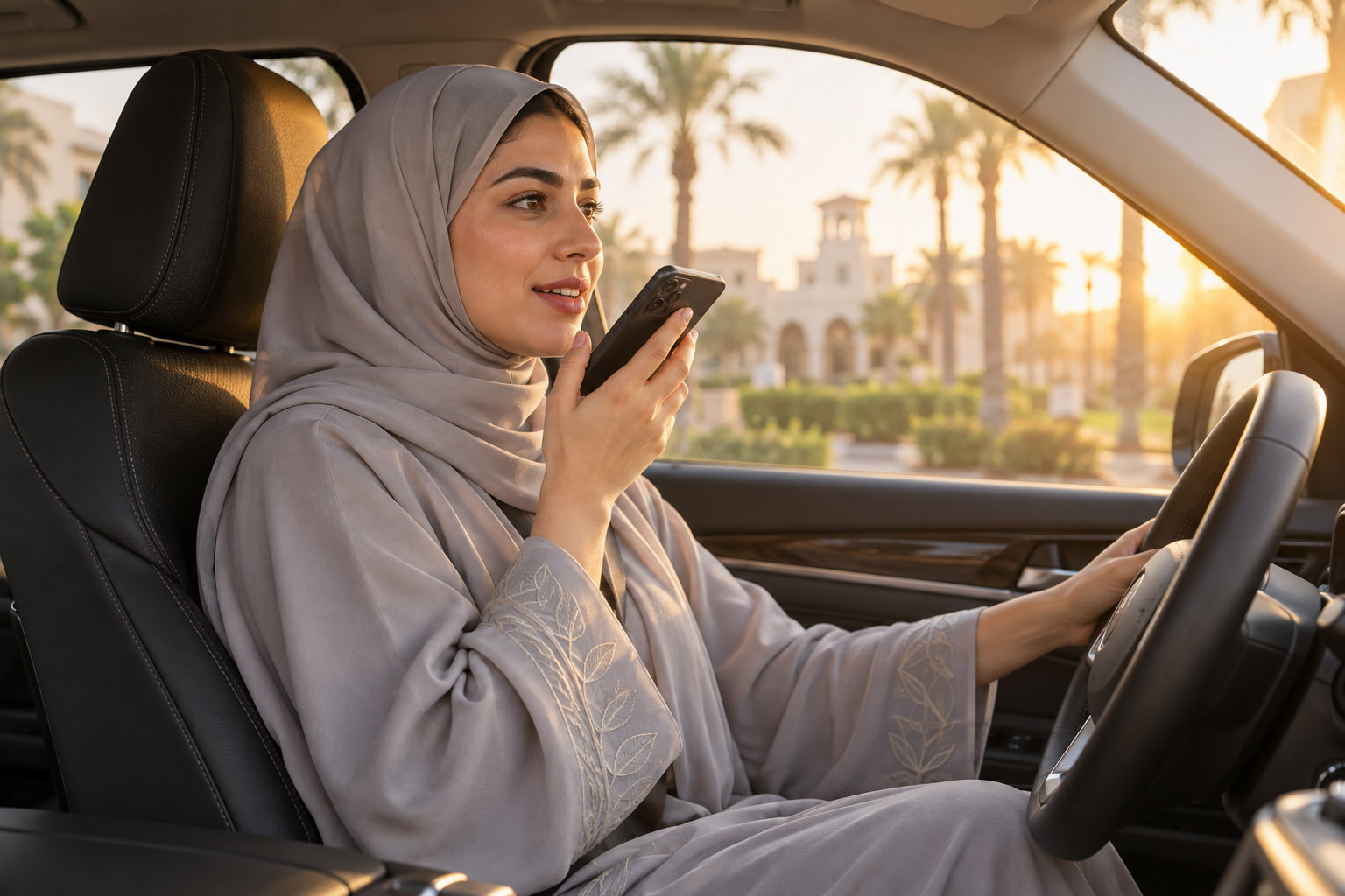 امرأة بعباءة وحجاب رمادي فاتح تتحدث إلى هاتفها وهي تجلس في سيارة متوقفة.