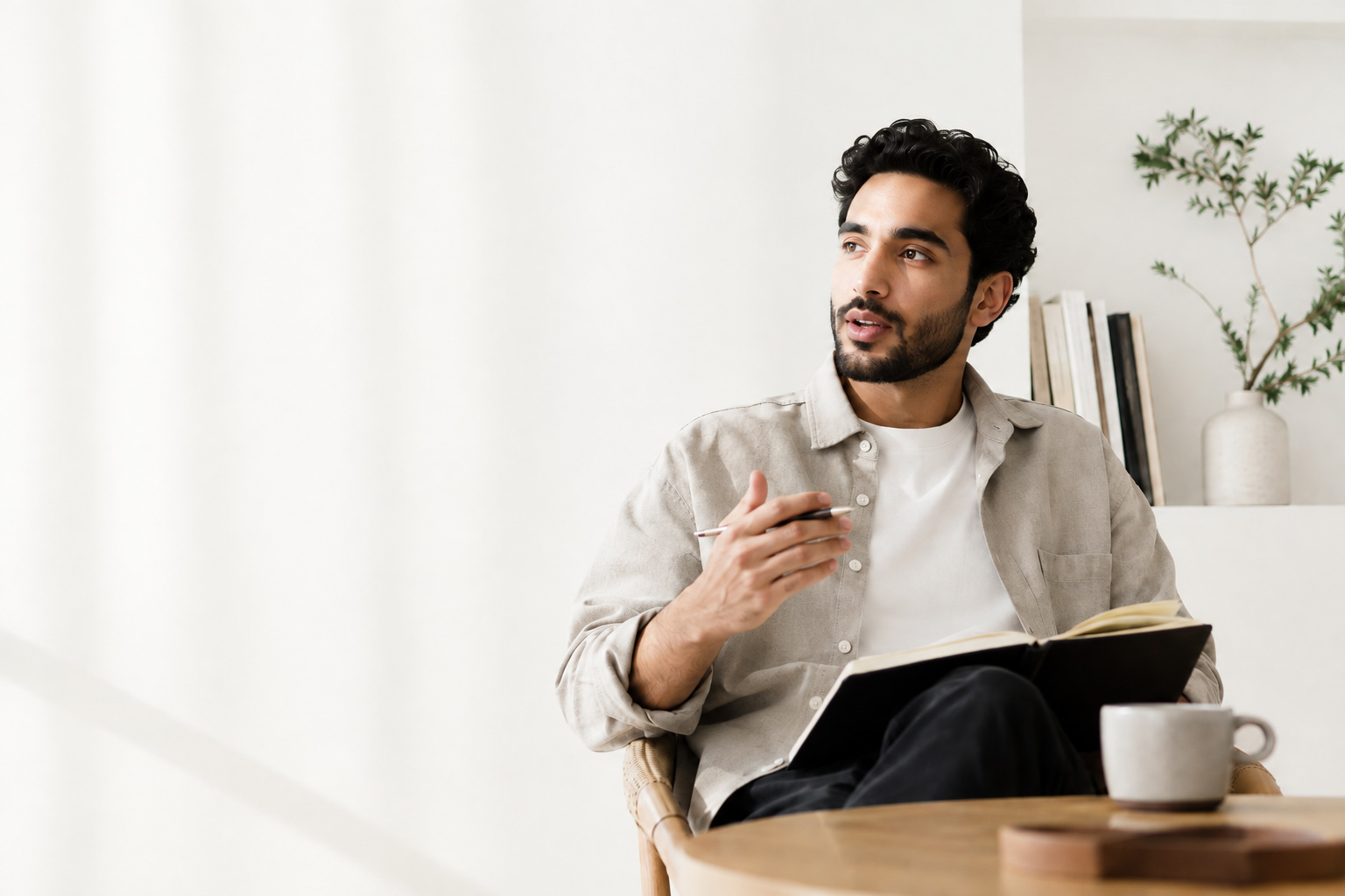 A man sitting with an open notebook, pen paused in his hand, looking away mid-thought.