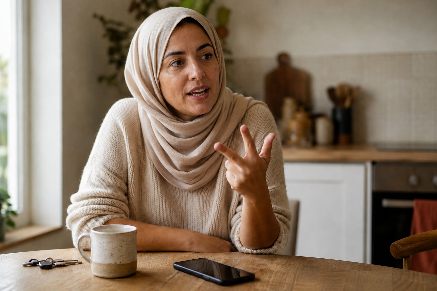 A woman at a kitchen table mid-sentence, one hand half-raised as if counting something off, her phone lying face up on the table in front of her.