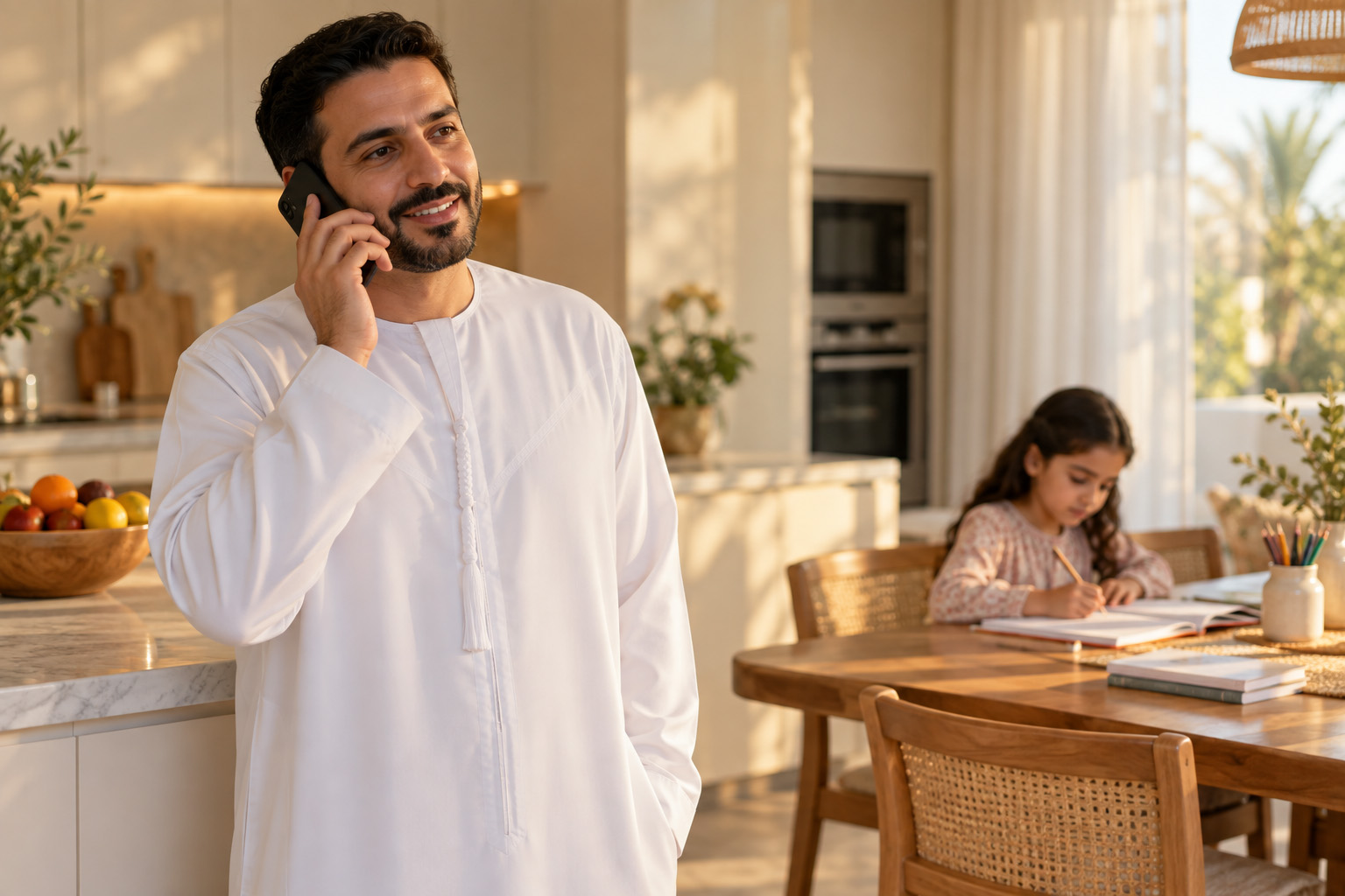 A father in a white dishdasha speaks into his phone in a bright kitchen while his daughter does homework at the table.