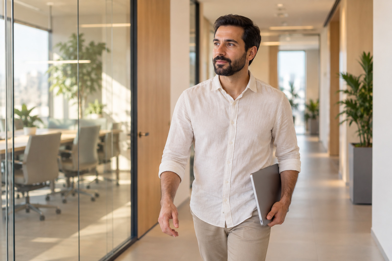 A man in a white linen shirt walks along a bright office corridor past a glass meeting room, a laptop held at his side, looking ahead in thought.