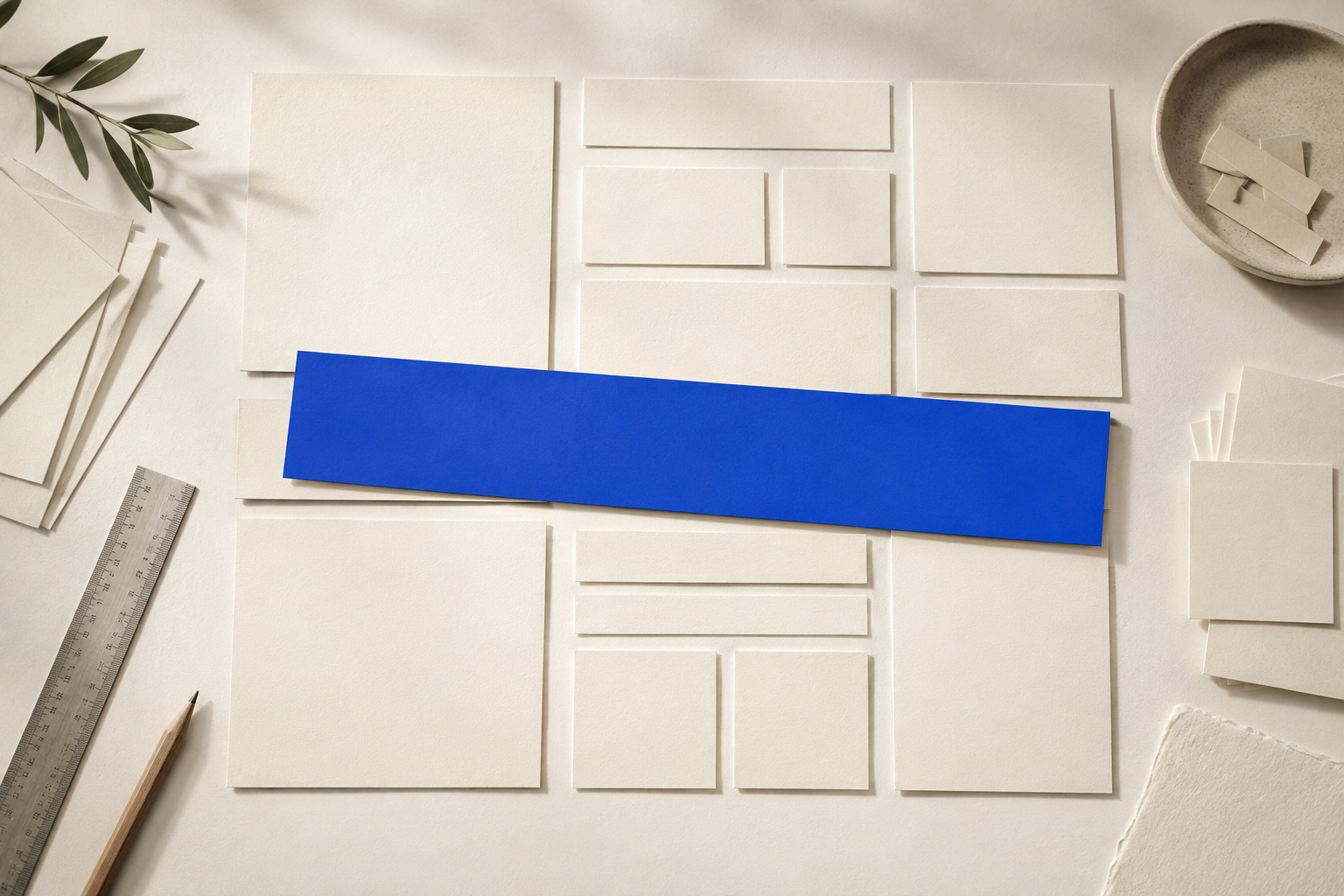 A paper wireframe of a page layout, with a flat blue banner strip laid across the middle of it.