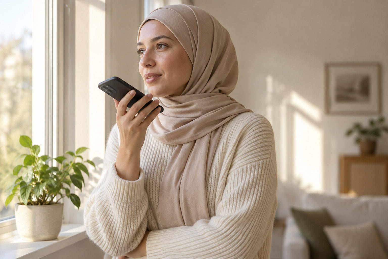 A woman in a beige headscarf and cream sweater stands by a sunlit window, speaking into the phone she holds near her mouth.